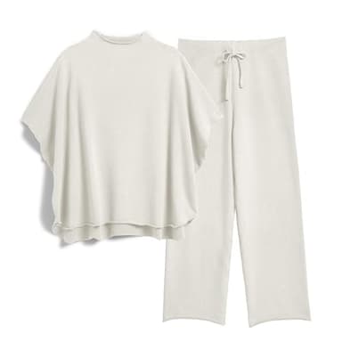 SeeLuNa Women's Two Piece Outfits 3/4 Batwing Sleeve Capelet Crew Neck Pullover Top Wide Leg Pants Lounge Set(Light Gray, L) - Image 1