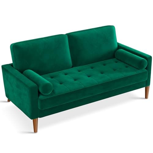 Vesgantti 56" Green Velvet Couch, Comfy Couch with Spring Cushions, Sturdy Wooden Small Sofa for Small Spaces, Modern 2 Seater Sofa with Tufted Seat, Living Room Loveseat - Image 1