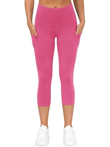 THE GYM PEOPLE Thick High Waist Capris Yoga Pants with Pockets, Tummy Control Workout Running Yoga Leggings for Women Bright Pink - Image 3