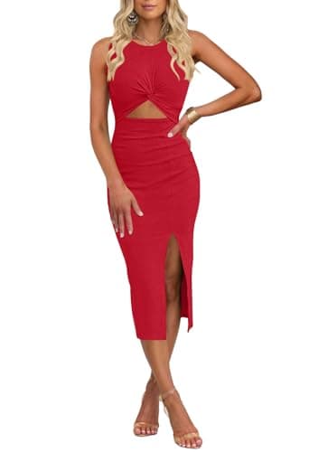 oten Cutout Tank Dresses for Women Sleeveless Bodycon Crewneck High Split Club Ribbed Midi Dress Wine Red Medium - Image 1