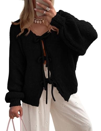 PRETTYGARDEN Women's Tie Front Bow Cardigan Sweaters Chunky Knit Long Puff Sleeve Trendy Fall Winter Jacket Coats (Black,X-Large) - Image 1
