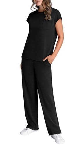 WIHOLL Workout Sets for Women 2 Piece Travel Airport Outfits on Plane Summer Business Casual Loungewear Ladies Cap Sleeve Wide Leg Pants Comfy Sets Resort Wear for Womens 2025 Clothing Black M - Image 4