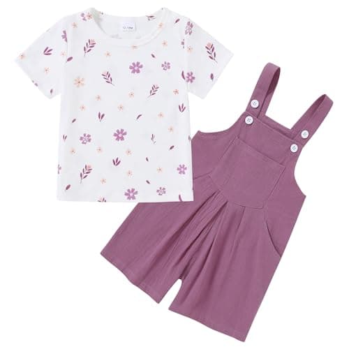ZOEREA Toddler Girl Clothes, 2Pcs Baby Girl Outfits Spring/Summer Stripe/Floral T-Shirt+Bib Overall Shorts Clothing Set 1-5T (Purple A,12-18 Months) - Image 1
