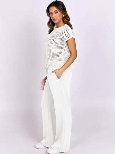ANRABESS Women Two Piece Outfits Crochet Sheer Knit Sweater Top Wide Leg Pants Lounge Matching Sets Sweatsuit Travel Clothes White Large - Image 9
