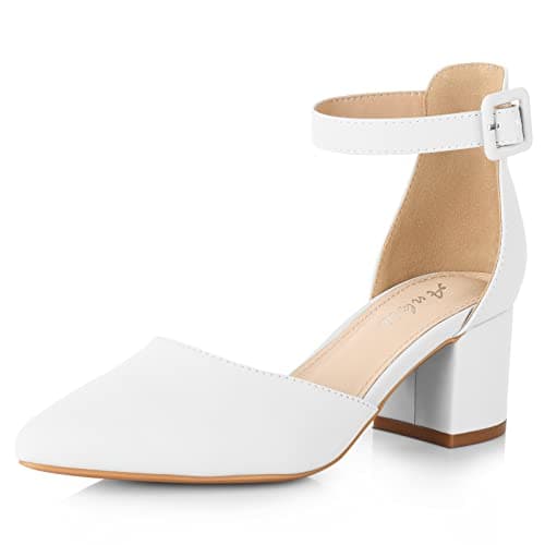 Ankis Closed Toe Heels for Women -White Pointed Toe Heels Low Block Chunky Women Pumps with Ankle Strap -2.25 Inch - Image 1