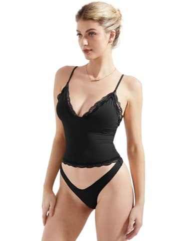 SUUKSESS Women Lace Trim Deep V Neck Tank Top Cami Sexy Sleeveless Y2K Going Out Tops (Black Lace,XS) - Image 2