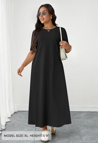 MEROKEETY Women's 2025 Summer Maxi Dress Casual Short Sleeve Beach Vacation Crewneck Basic Long T Shirt Dresses, Black, Small - Image 4