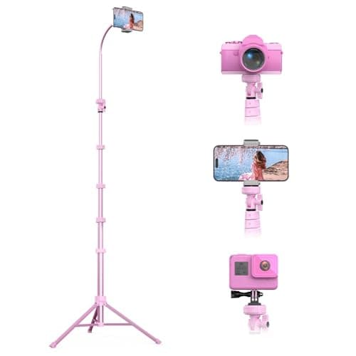 UBeesize 88’’ Flexible Phone Tripod with 14.95’’ Gooseneck, Remote and Phone Holder, Overhead Cell Phone Stand＆Selfie Stick for Video Recording, Compatible with iPhone Android Phone, Camera Pink - Image 1