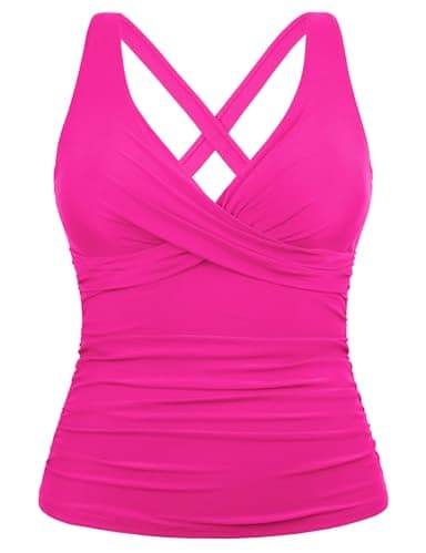 Hilor Supportive Swimsuits Built in Bra Underwire Tankini Tops for Women Swimwear Top Only Hot Pink Tummy Control Bathing Suit 22 - Image 4
