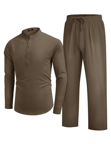 COOFANDY Men's 2 Pieces Cotton Linen Set Long Sleeve Henley Shirts Casual Beach Pants With Pockets Summer Yoga Outfits - Image 8