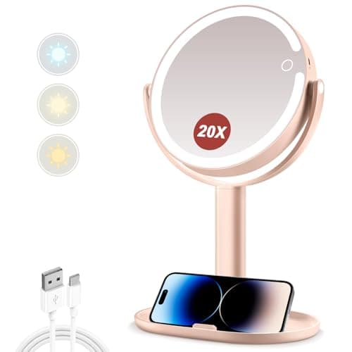 MIYADIVA Makeup Mirror with Lights,20X Magnifying Mirror with Light and Touch Switch,Vanity Mirror with 3 Color Light and 80 LEDs,2-Sided Lighted Magnified Mirrors 8.8 Inches, Pink - Image 1