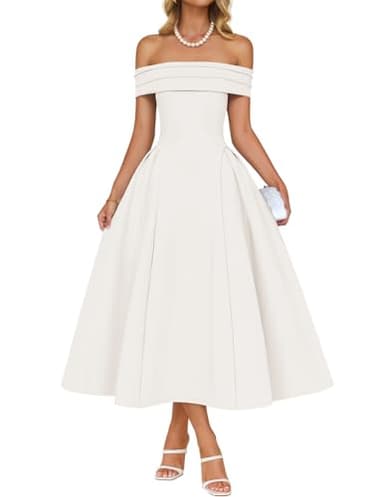 ZESICA Cocktail Dresses for Women's Elegant Off Shoulder Short Sleeve Swing A Line Wedding Evening Party Midi Dress,White,Medium - Image 1
