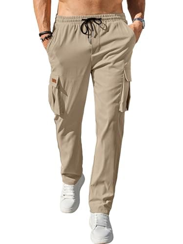 Comdecevis Men's Casual Cargo Pants Workout Joggers Stretch Sweatpants Hiking Drawstring Tactical Pants with Multi Pockets Dark Khaki - Image 2