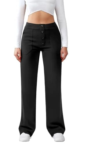 JEKAOYI Womens Casual High Waist Straight Leg Pants Stretchy Button Business Dress Work Pocket Trousers Black - Image 1