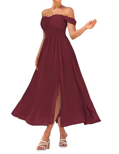 GRACE KARIN 2025 Women's Summer Sleeveless Off Shoulder Solid Flowy A Line Maxi Dresses Wine Red M - Image 1