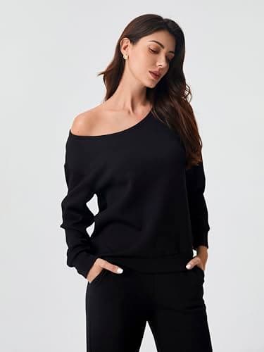 AFITNE 2 Piece Outfits for Women Long Sleeve Off-Shoulder Pullover Tops Wide Leg Sweatpants Pull On Pants Sets Stretchy Trendy Tracksuits with Pockets Fashion Mathching Sweatsuits Black L 31" - Image 3