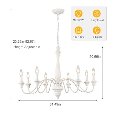 French Country Chandelier 8 Lights White Modern Farmhouse Chandeliers for Dining Room Light Fixture Rustic Candle Wood Pendant Lights for Living Room Kitchen Bedroom Island - Image 6