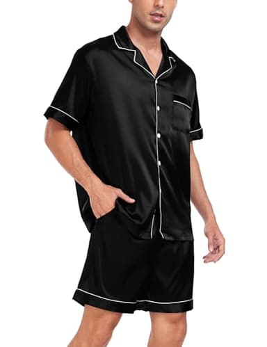 SWOMOG Men Satin Silk Pajamas Sets Short Sleeve Sleepwear Button-Down PJs Sets Two-Pieces Loungewear with Pockets Black - Image 4