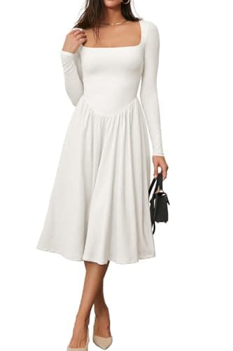 CHYRII Womens White Dress Spring Fashion 2025 Square Neck Long Sleeve Casual A-Line Midi Dress S - Image 3