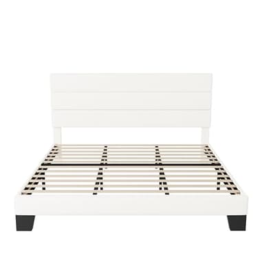 Allewie King Size Platform Bed Frame with Velvet Upholstered Headboard and Wooden Slats Support, Fully Upholstered Mattress Foundation/No Box Spring Needed/Easy Assembly, White - Image 8