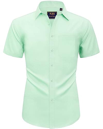 Alimens & Gentle Mens Short Sleeve Dress Shirts Wrinkle Free Solid Casual Button Down Shirts with Pocket, Light Green, Large - Image 1