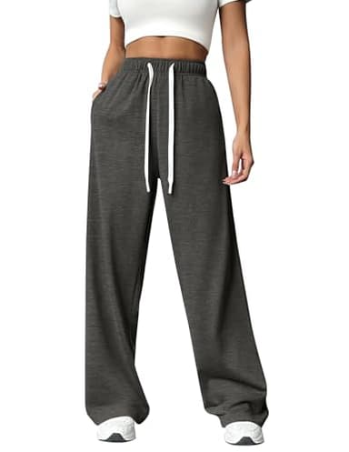 PINSPARK High Waisted Sweat Pants for Women Lounge Wide-Leg Sweatpants Lightweight Drawstring Sweatpant with Side Pockets Large, Heather Dark Grey - Image 1