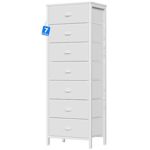 Furnulem White Tall Dresser for Bedroom with 7 Drawers, Vertical Chest of Drawer in Closet, Nightstand Storage Tower Unit Organizer with Fabric Bins for Dorm,Living Room,Entryway,Hallyway - Image 1