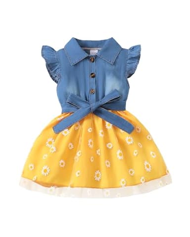 Toddler Girl Denim Tulle Dresses 3T 4T Girl Clothes Summer Outfit Toddler Yellow Short Sleeve Prom Dress Ruffle Party Swing Sundress 3 4 Year Old - Image 1