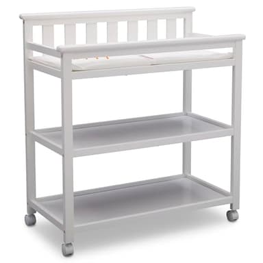 Delta Children Flat Top Changing Table with Wheels and Changing Pad - Greenguard Gold Certified, Bianca White - Image 1