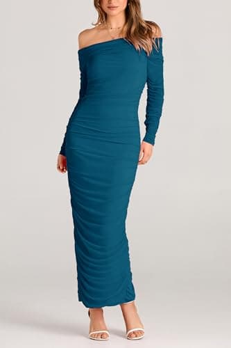 PRETTYGARDEN Women's Fall Off Shoulder Maxi Bodycon Dress Long Sleeve Ruched Fitted Club Dresses with Slit (Lake Blue,Large) - Image 6