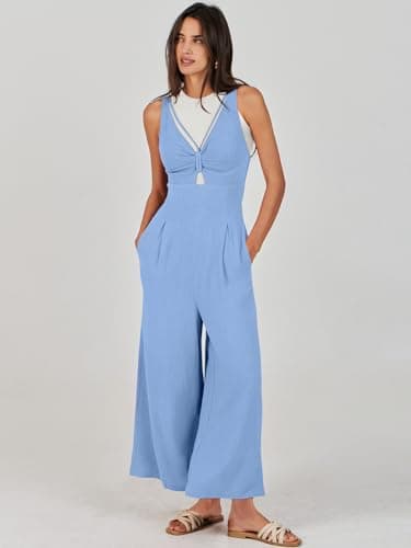 ANRABESS Women's Jumpsuits Summer Wide Leg Sleeveless V Neck Casual Dressy Linen Pants Rompers 2025 Vacation Beach Outfits Sky Blue Small - Image 7