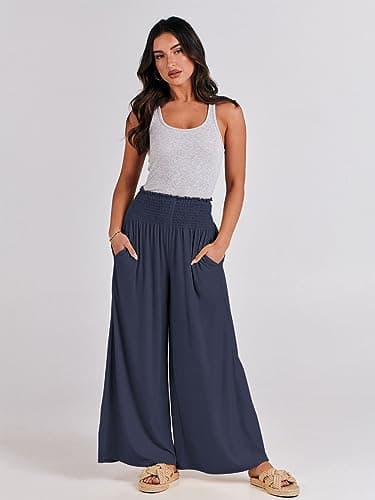 ANRABESS Women Palazzo Pants Summer Boho Bagyy Wide Leg High Smocked Waist Casual Loose Lounge Pant with Pocket Deep Blue X-Large - Image 6