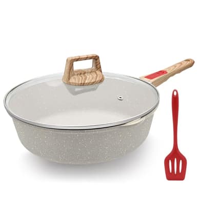 AIKENBBKK 11 Inch/5Qt Nonstick Deep Frying Pan with Lid, Non Stick Skillet with Removable Handle, Aluminum Sauté Pan Compatible with All Stovetops, Dishwasher& Oven Safe (White) - Image 1