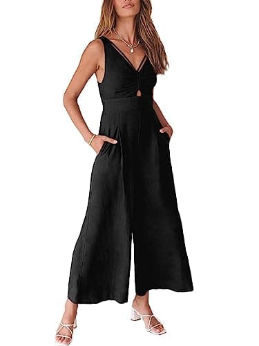 ANRABESS Women's Jumpsuits Summer Wide Leg Sleeveless V Neck Casual Dressy Linen Pants Rompers 2025 Vacation Beach Outfits Black Small - Image 1