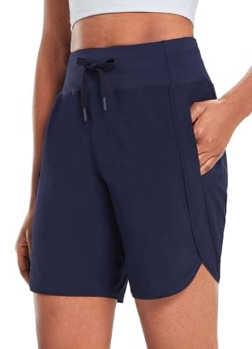 baleaf Women's 7" Long Running Shorts Athletic Workout Gym Quick Dry Hiking Shorts High Waisted Zipper Pocket Navy L - Image 1