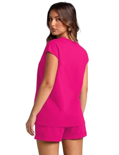 WIHOLL Airport Travel Outfit Women Crewneck Cap Sleeve Tops Elastic Pants Lounge Set Hot Pink L - Image 5