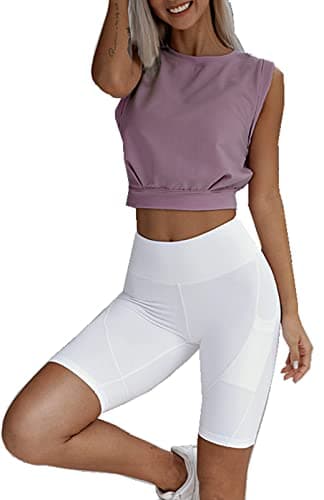 ARRIVE GUIDE Workout Crop Tops for Women Cute Loose Fit Tank Top Casual Summer Yoga Athletic Sports Cinched Waist Cropped Cap Sleeve Gym Cotton T Shirts M Grey Purple - Image 4