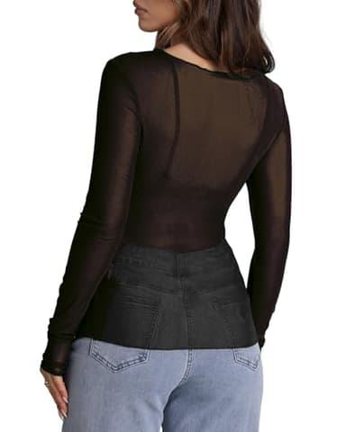 WIHOLL Long Sleeve Going Out Tops for Women Mesh See Through Ladies Sheer Round Neck Club wear Party Shirts Black S - Image 4