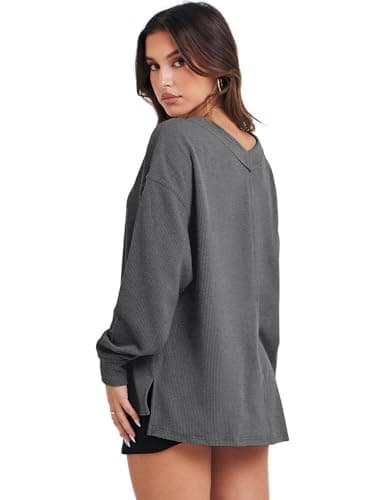 ANRABESS Oversized Long Sleeve Shirts for Women Off the Shoulder Sweatshirt Loose V Neck Tunic Tops High Low Sweater 2025 X-Small Dark Grey - Image 4
