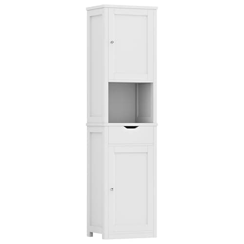 Shintenchi Tall Bathroom Storage Cabinet, Slim Corner Floor Cabinet with Doors and Drawer, Freestanding Narrow Bathroom Organizer with Adjustable Shelves for Small Space, White - Image 1