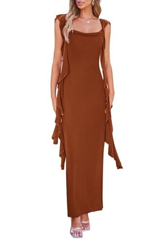 PRETTYGARDEN Women's Summer Long Formal Wedding Guest Dress Sleeveless Ruffle Cocktail Party Maxi Bodycon Dresses (Caramel,Large) - Image 1