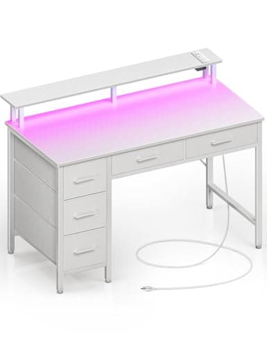 Seventable Computer Desk with Power Outlets & LED Light, 39 inch Home Office Desk with 5 Drawers, Writing Desk with Monitor Stand, Work Desk for Home Office, White - Image 1