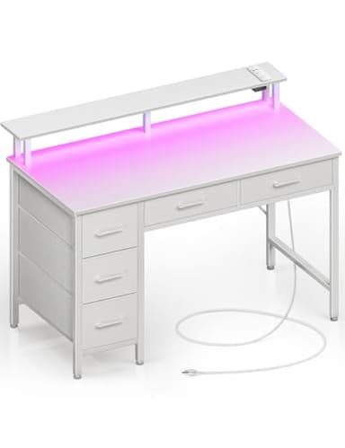 Seventable Computer Desk with Power Outlets & LED Light, 39 inch Home Office Desk with 5 Drawers, Writing Desk with Monitor Stand, Work Desk for Home Office, White - Image 1