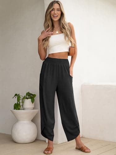 ANRABESS Womens Wide Leg Palazzo Capri Pants 2025 Summer Casual Loose High Waisted Lounge Flowy Cropped Beach Work Trousers Black Large - Image 2