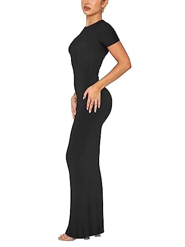 REORIA Women's Summer Sexy Casual Lounge Long Dress Elegant Wedding Guest Short Sleeve Crew Neck Bodycon Maxi Dresses Black Medium - Image 2