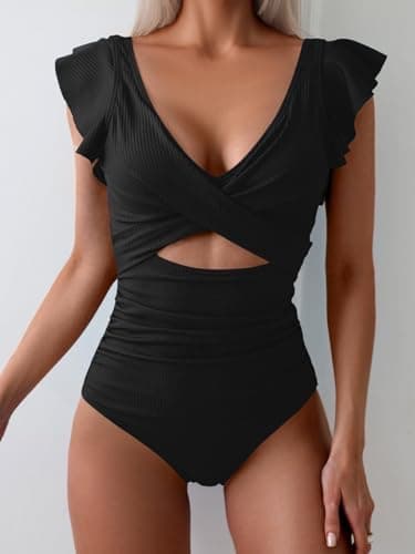 B2prity Women's One Piece Swimsuit Ruffle Cutout Bathing Suits Slimming Tummy Control V Neck Wrap Swimwear - Image 4