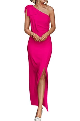PRETTYGARDEN Women's Summer One Shoulder Long Formal Dresses Sleeveless Ruched Bodycon Wedding Guest Slit Maxi Dress (Rose Red,Small) - Image 1
