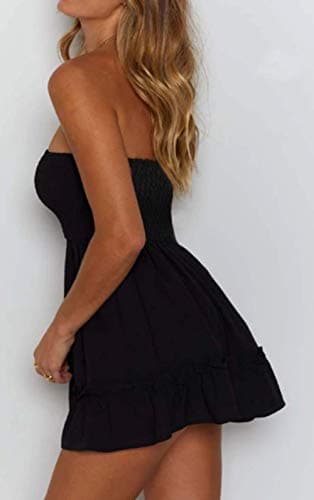 Tsher Tube Top Dress for Women Summer Solid Strapless Mini Dresses, Off The shoudle Ruffle Beach Dress (S, Black Strapless Mini Dresses)… - Image 3