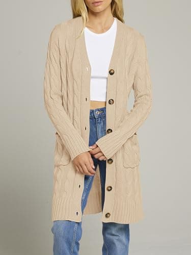 MEROKEETY Women's 2025 Long Sleeve Cardigan Sweater Fall Winter Cable Knit Open Front Button Long Outerwear Apricot - Image 5