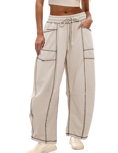 Athlisan Womens Baggy Barrel Pants Wide Leg Lounge Drawstring Sweatpants with Pockets(Khaki-M) - Image 1